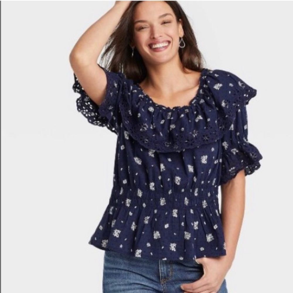 Universal Thread Off the Shoulder Blue Embroidered Eyelet Boho Top Size XXL